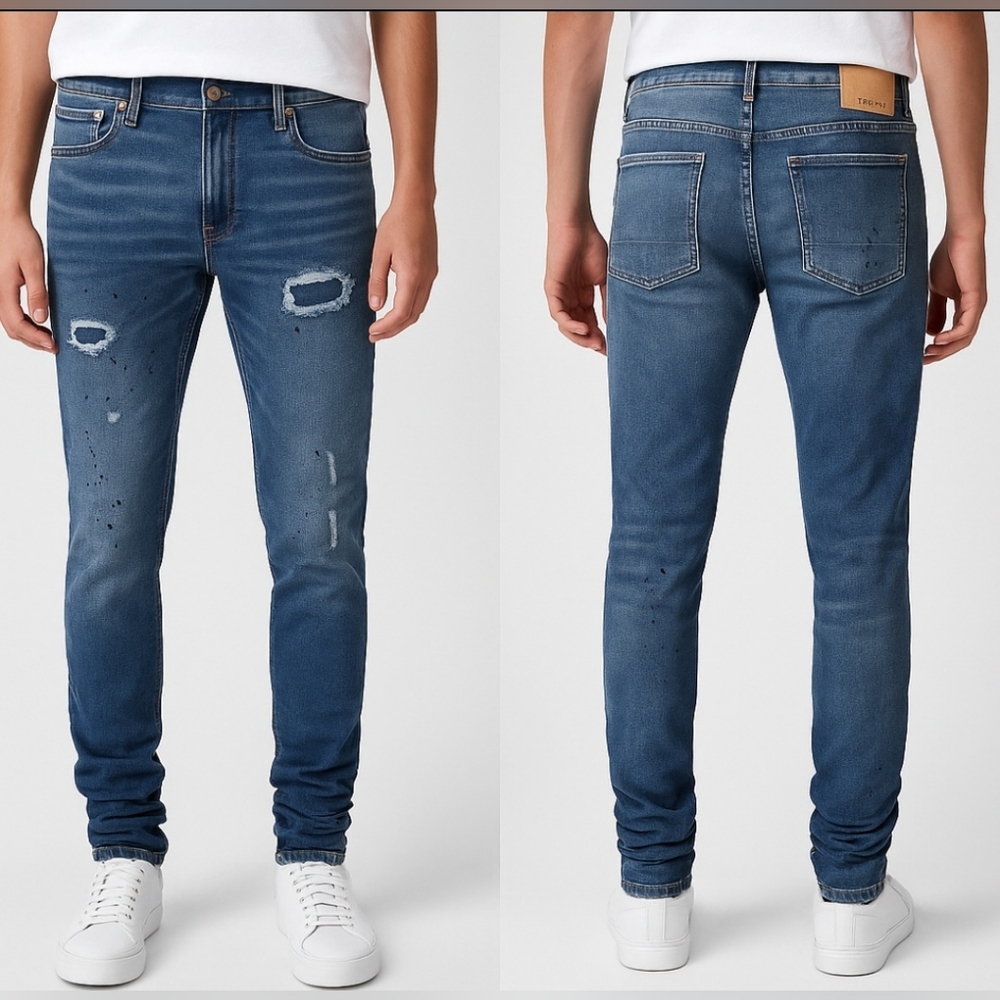 PacSun Stacked Skinny Jeans 30x32 Medium Indigo Distressed Paint Splatter NWT